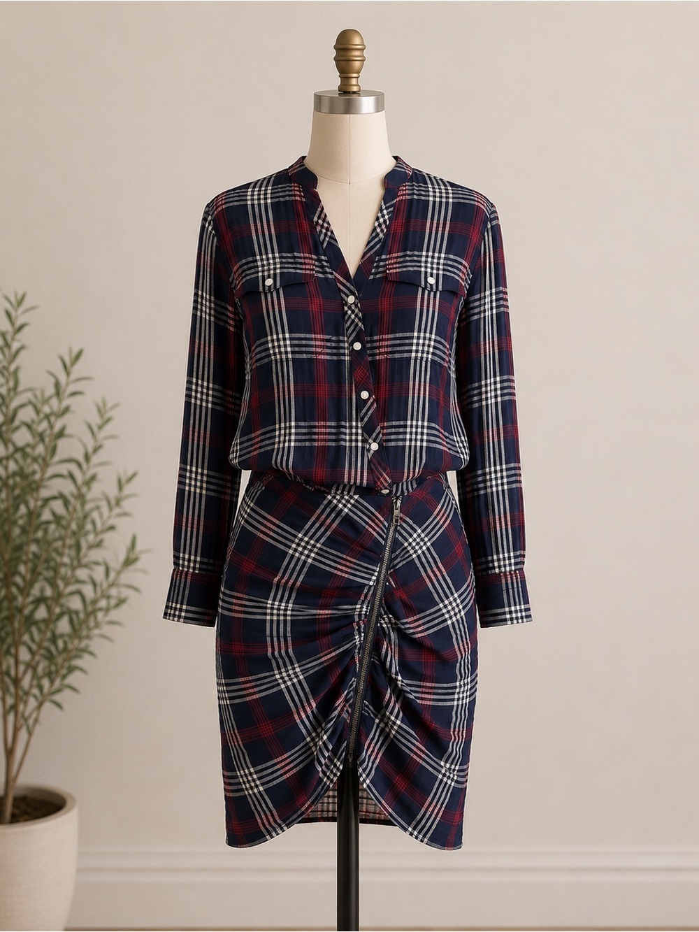 $450 Veronica Beard Emory Navy Red Plaid Ruched Cargo Dress Size 6 Long Sleeves